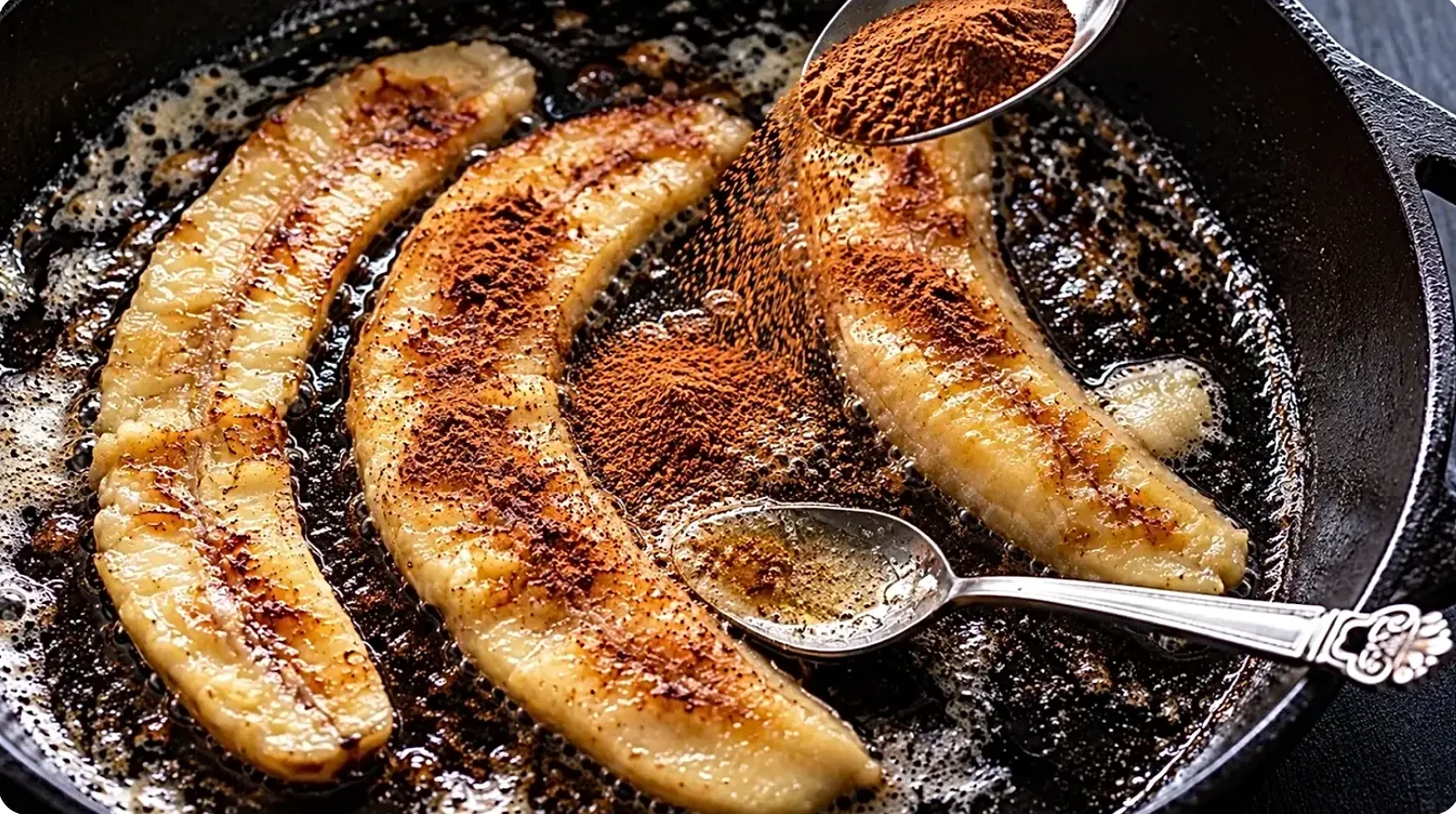 Banana halves pan-fried in a cast-iron skillet with cinnamon sprinkled on top